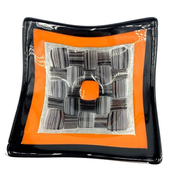 Fused Art Glass Bowl Candy Trinket Dish Black Orange 7 x 7" Unsigned - Picture 2 of 8